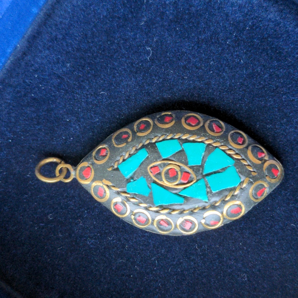 Vintage exotic handmade solid brass pendant w blue turquoise and red coral